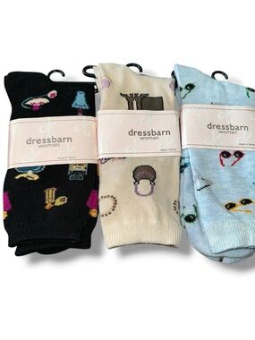 dressbarn Women’s Patterned Crew Socks - Black, Cream, Light Blue (3-Pack) NWT